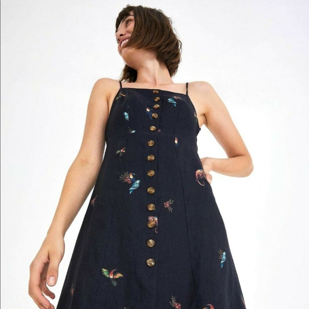 FARM RIO Jungle Tucanos Linen Halter Dress S NWT